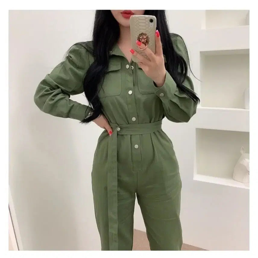 [BUNJANG] Khaki Belted Jumpsuit / 카키 퍼프 벨트 점프수트 새상품