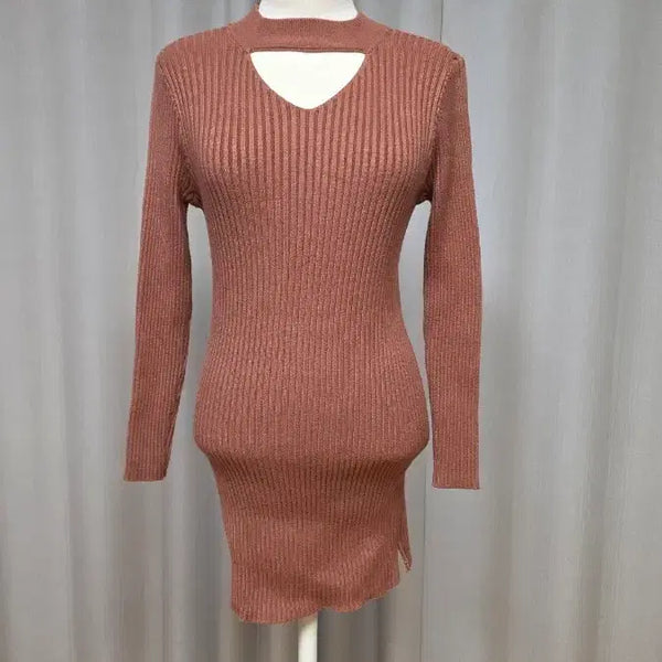 [BUNJANG] Ribbed V-Neck Cutout Knit Mini Dress / 새상품 골지 브이넥 컷아웃 니트 원피스