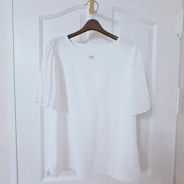 [BUNJANG] White Pleated Sleeve Blouse T-Shirt / 화이트 플리츠 소매 블라우스 티셔츠 반팔 쉬폰소매