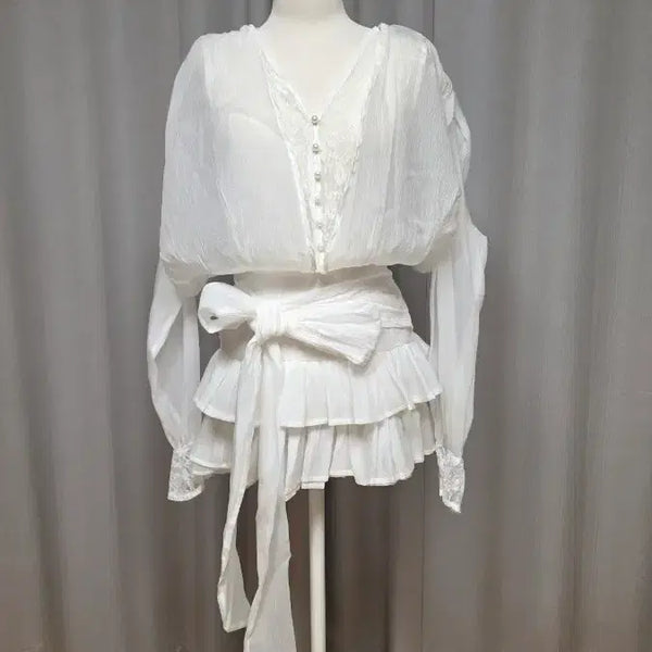 [BUNJANG] White Frill Ribbon Dress / 새상품 화이트 프릴 리본 고급 원피스