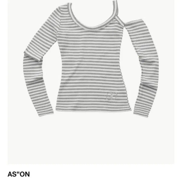 [BUNJANG] AZON Grey Cut-out Stripe Long Sleeve T-Shirt / 애즈온-그레이 컷아웃 스트라이프 티셔츠