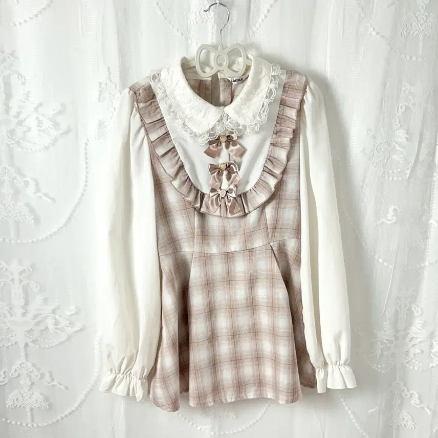 [BUNJANG] Mute Pink Check Ribbon Blouse / 뮤트핑크 체크리본블라우스 로리타 지뢰계