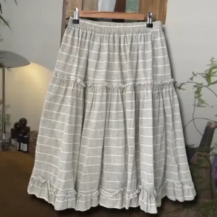 [BUNJANG] Morigirl Stripe Ruffle Cotton Midi Skirt / 에이블리 모리걸 스트라이프 캉캉 밴딩 코튼 미디스커트