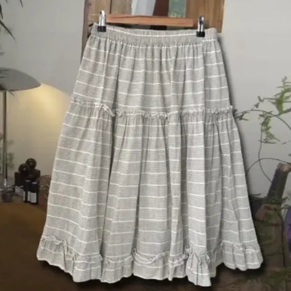[BUNJANG] Morigirl Stripe Ruffle Cotton Midi Skirt / 에이블리 모리걸 스트라이프 캉캉 밴딩 코튼 미디스커트