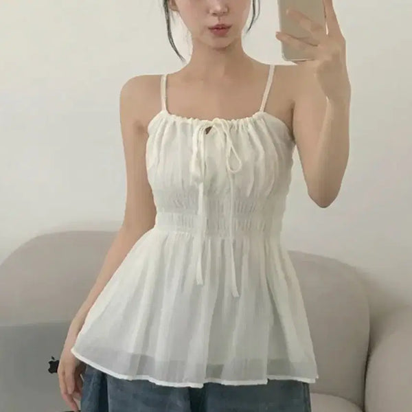 [BUNJANG] Avely Sia Ribbed Shirring Sleeveless Blouse / 에이블리 시아 리본 셔링 나시 블라우스