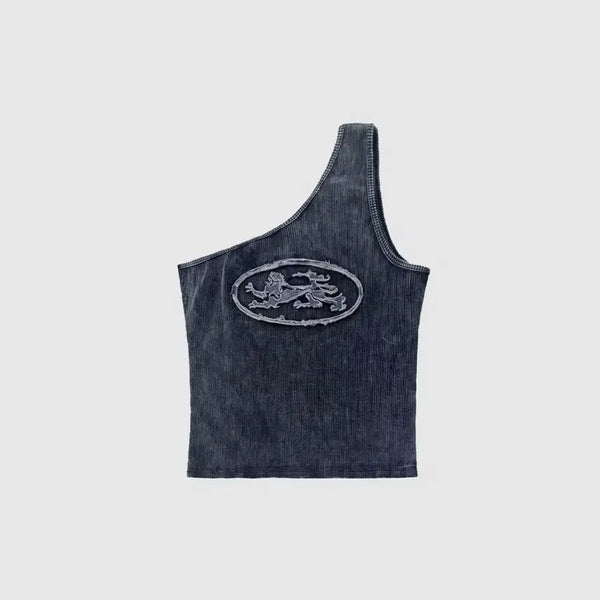 [BUNJANG] Bad Blood Lion Patch One Shoulder Tank Denim Blue / 배드블러드 라이온 패치 원숄더 탱크 데님블루
