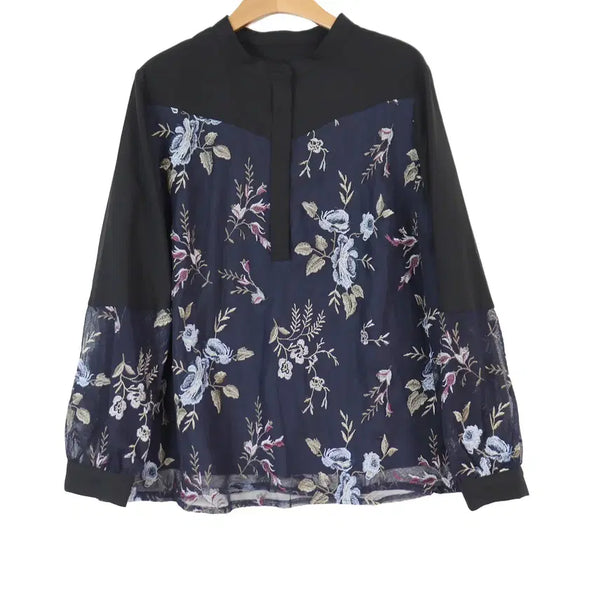 [BUNJANG] Callarus Flower Embroidered Lace Blouse (Navy, LL) / Callarus 플라워 자수 레이스 블라우스 LL 새상품 시스루