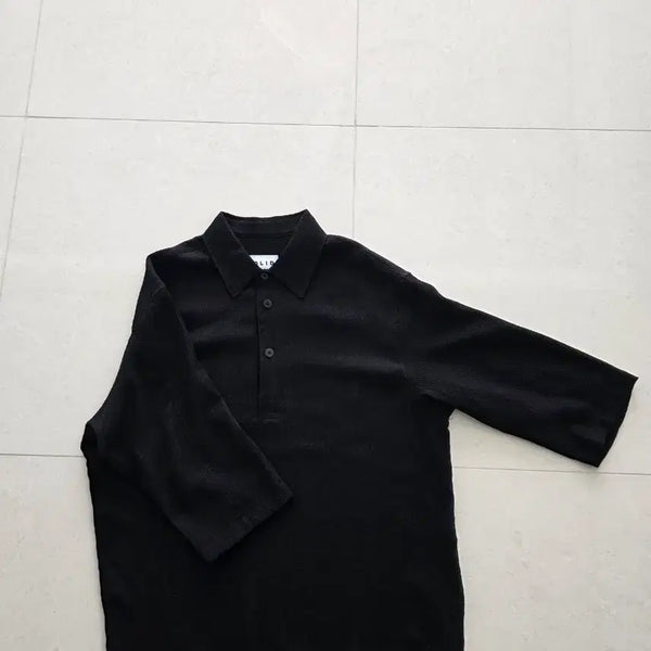 [BUNJANG] Solid Homme Solid Crinkle Polo Short Sleeve Shirt Black / [46] 솔리드 크링클 폴로 반팔셔츠 블랙