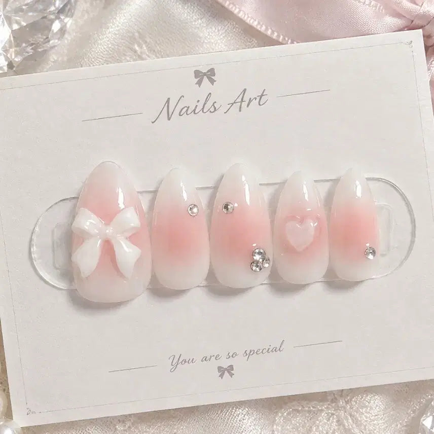 [BUNJANG] Handmade Heart Ribbon Nail Tips / 하트 리본 치크네일팁