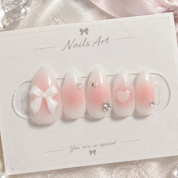 [BUNJANG] Handmade Heart Ribbon Nail Tips / 하트 리본 치크네일팁