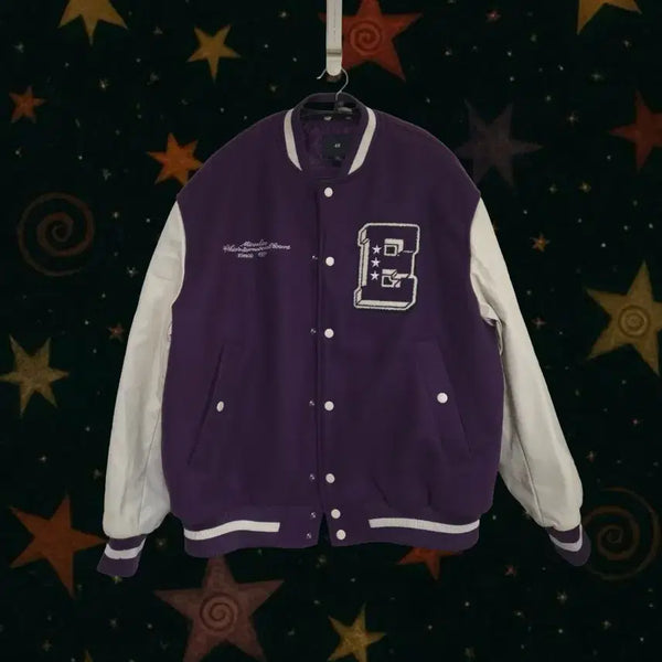 [BUNJANG] H&M Purple/Cream Colorblock Oversized Varsity Jacket (L) / [H&M] 퍼플/크림 배색 오버핏 바시티 자켓 (L)
