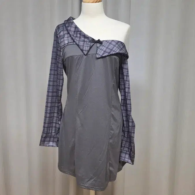 [BUNJANG] Autumn Check Color-Block Mini Dress - Gray / 새상품 가을 체크 배색 원피스 그레이
