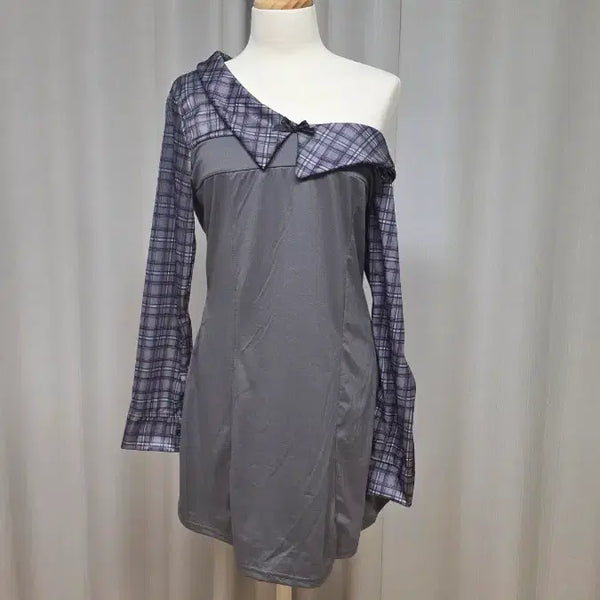 [BUNJANG] Autumn Check Color-Block Mini Dress - Gray / 새상품 가을 체크 배색 원피스 그레이