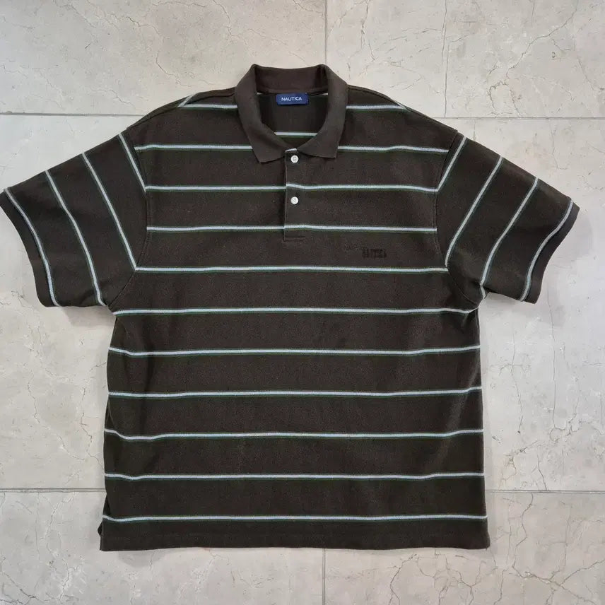 [BUNJANG] Nautica Japan Line Deep Brown Borderline Stripe Short Sleeve Polo Shirt L / 노티카 재팬라인 / 딥브라운 보더라인 피케이 반팔셔츠 / L