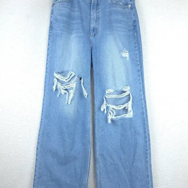 [BUNJANG] Minijin Women's Light Blue Distressed Denim Wide Pants (L) / 미니진 여성 연청 데미지 데님 와이드 팬츠(L)