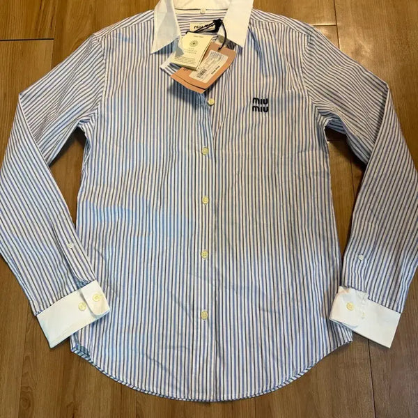 [BUNJANG] Miu Miu Striped Poplin Shirt Beige Light Blue / 미우미우 정품 스트라이프 포플린 셔츠 베이지 라이트 블루