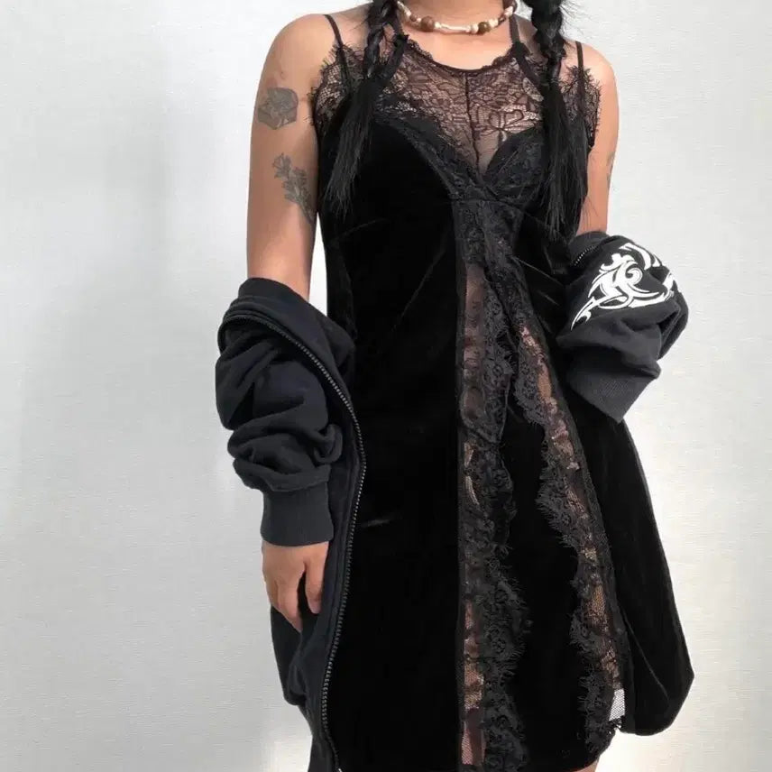 [BUNJANG] Black Velvet Lace See-Through Slip Dress / 함 빈티지 블랙 벨벳 레이스 시스루 슬립 원피스