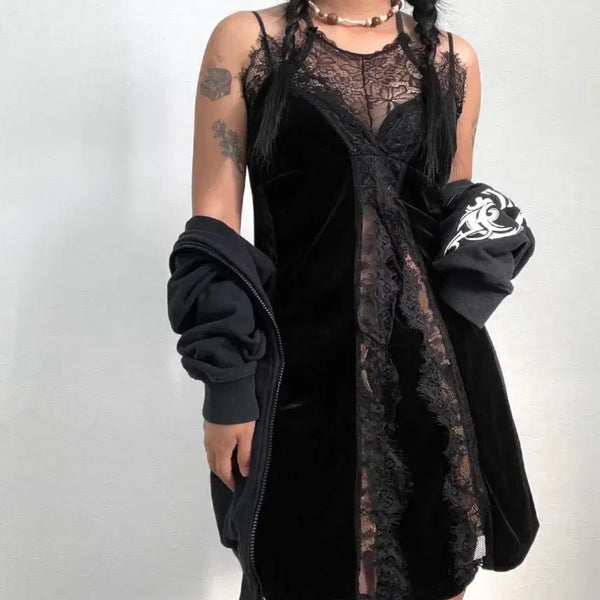 [BUNJANG] Black Velvet Lace See-Through Slip Dress / 함 빈티지 블랙 벨벳 레이스 시스루 슬립 원피스