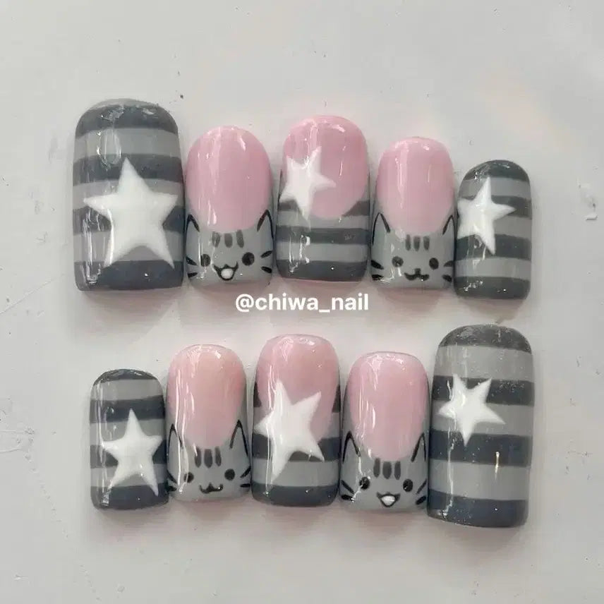 [BUNJANG] Custom Pusheen Cat Stripe Handmade Nail Tips / 주문제작 푸쉰캣 스트라이프 수제네일팁
