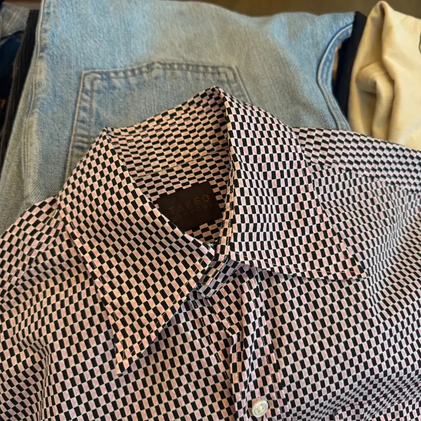 [BUNJANG] Takeo Kikuchi 90s-00s Geometric Check Pattern Wide Spad Collar Shirt / 90 ~ 00S 타케오키쿠 지오메트릭 체크패턴 와이드 스패드 카라