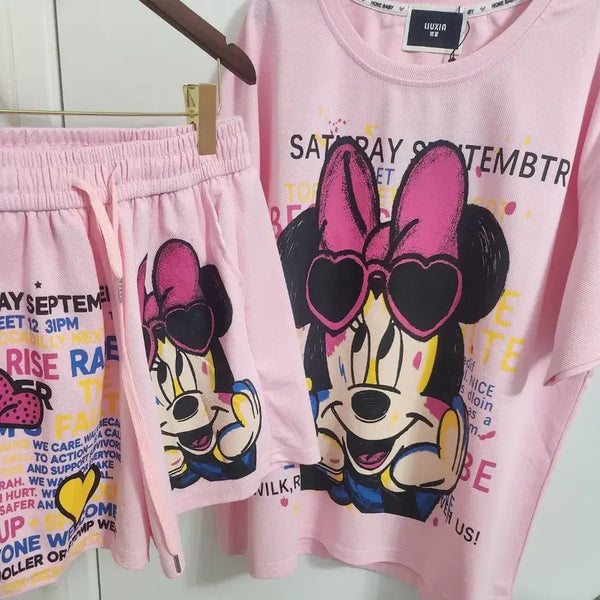 [BUNJANG] Disney Minnie Mouse Pink Short Sleeve & Shorts Training Set / 미니마우스 디즈니 핑크 반팔반바지 상하의 트레이닝 세트 셋업<새상품>