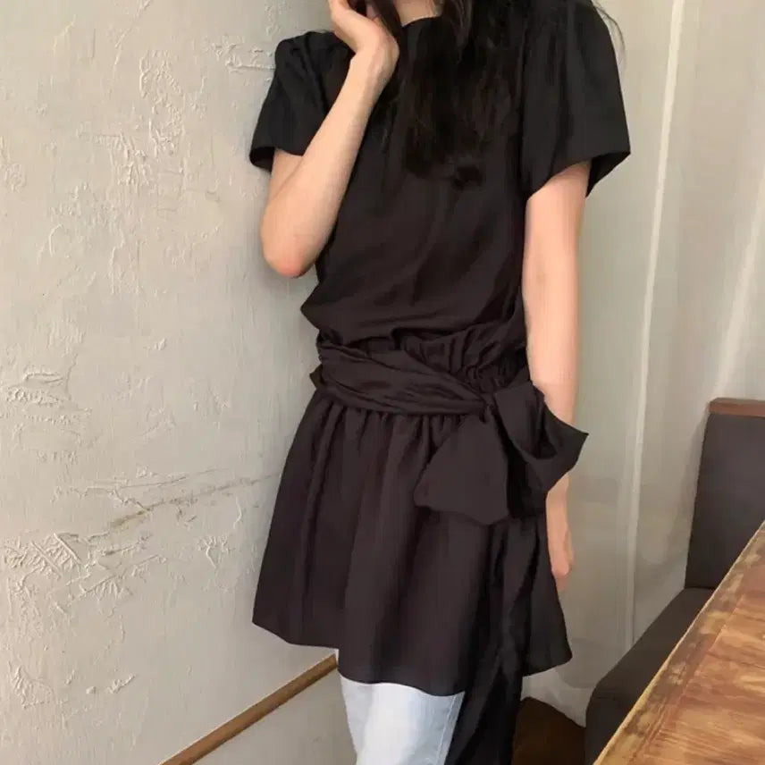 [BUNJANG] Maybe Baby Black Ribbon Wrap Mini Dress / 메이비베이비 자체제작 블랙 리본 랩 원피스 새상품 팔아요