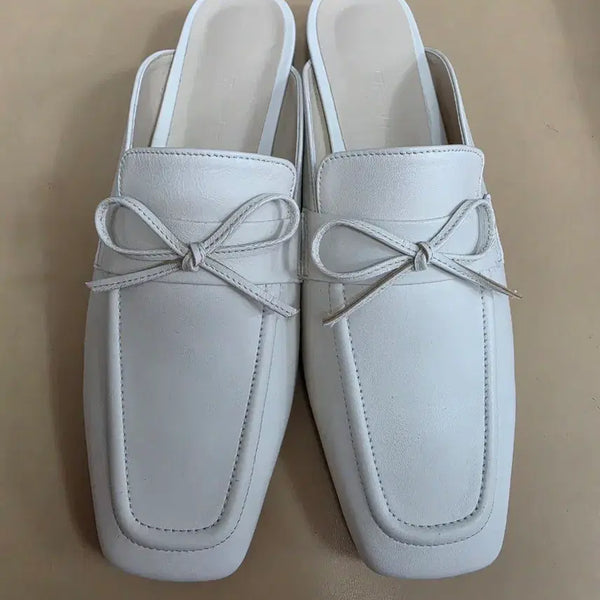 [BUNJANG] Elisabeth White Square Toe Ribbon Loafer Mules / 엘리자벳 화이트 스퀘어 토 리본 로퍼 뮬