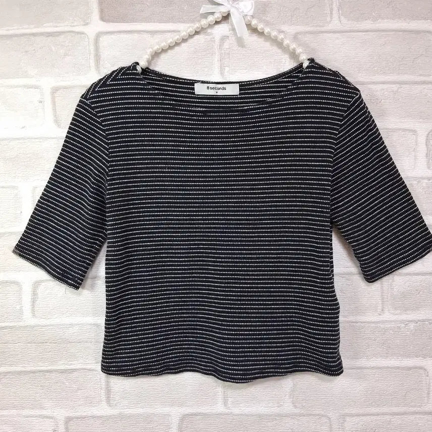 [BUNJANG] 8seconds Black Striped 5-Part Sleeve T-Shirt M / 에잇세컨즈 블랙 단가라 5부 티셔츠 M (핏 예뻐요!)