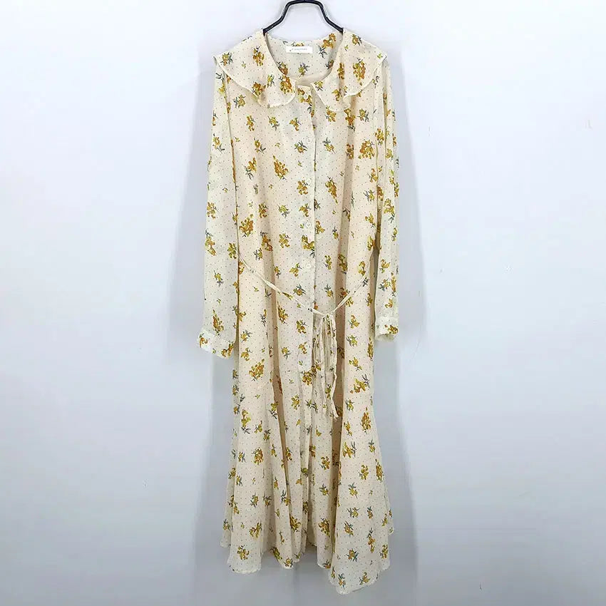 [BUNJANG] Vintage Women's Summer Sheer Sleeve Floral Dress - Beige / 빈티지 여성 여름 소매시스루 플라워 원피스 베이지 (HU46264)