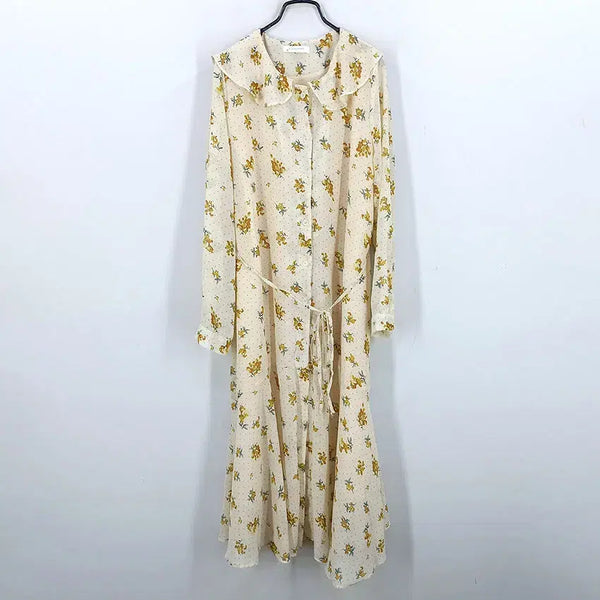 [BUNJANG] Vintage Women's Summer Sheer Sleeve Floral Dress - Beige / 빈티지 여성 여름 소매시스루 플라워 원피스 베이지 (HU46264)