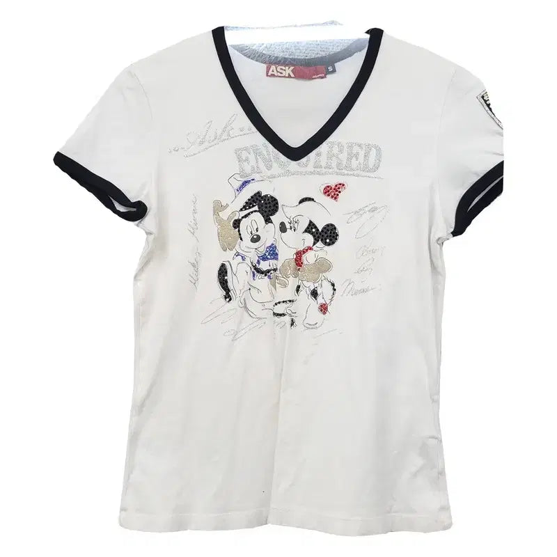 [BUNJANG] ASK Vintage V-Neck Ringer Tee White Short Sleeve / ASK 빈티지 브이넥 링거티 프린팅 화이트 반팔티 S