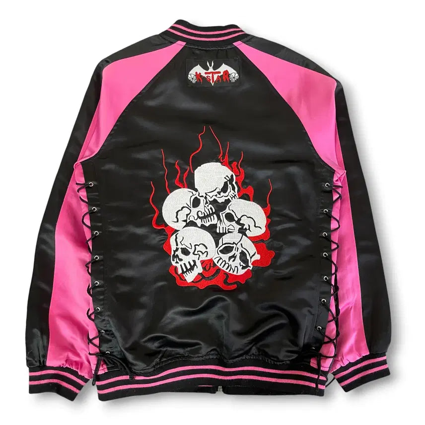 [BUNJANG] JPN K-Star Skull Fire Embroidered Satin Sukajan Jumper / JPN k-star 스컬 파이어 자수 사틴 스카잔 점퍼