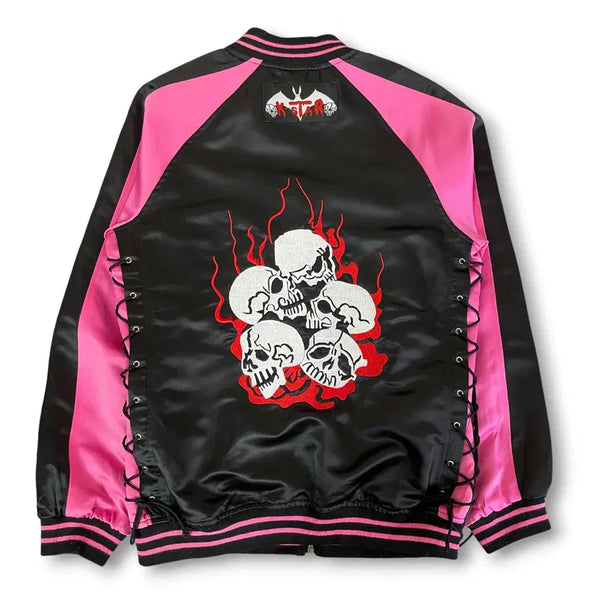 [BUNJANG] JPN K-Star Skull Fire Embroidered Satin Sukajan Jumper / JPN k-star 스컬 파이어 자수 사틴 스카잔 점퍼
