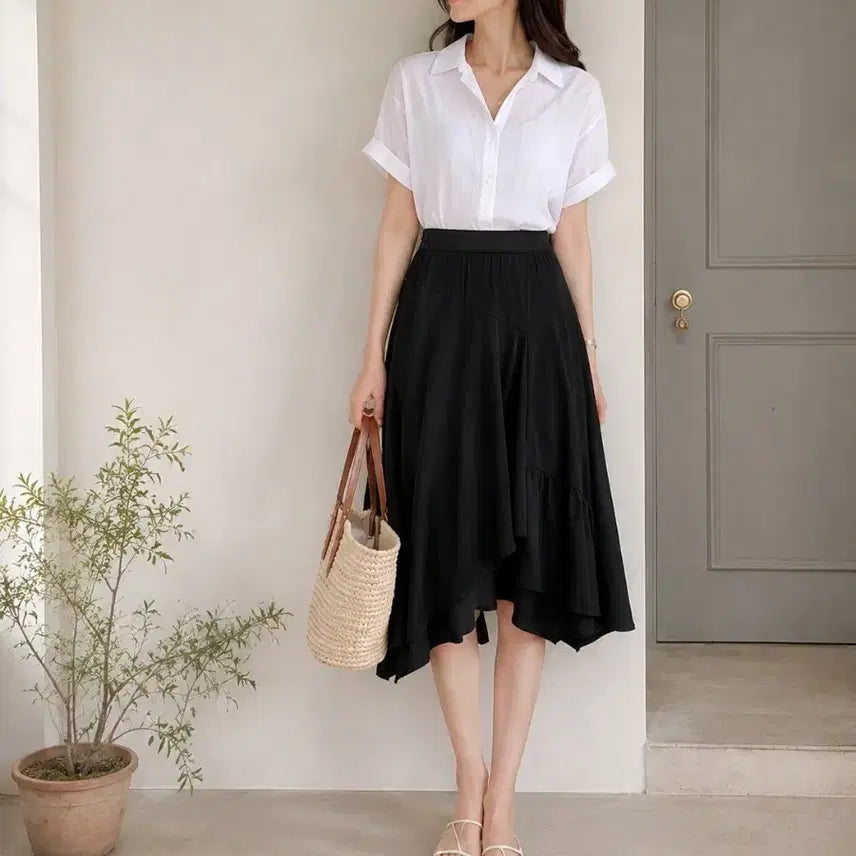 [BUNJANG] SJ (Hansem) Black Asymmetrical Flare Skirt (Size 55) / [정품] SJ 에스제이 한섬 블랙 언발란스 플레어 스커트 (55사이즈)드라이완료!