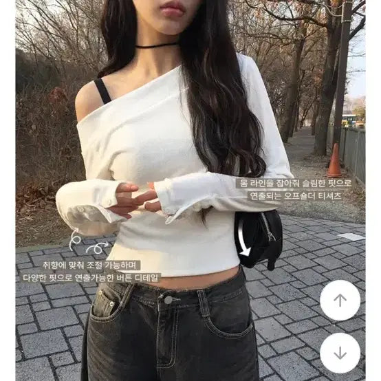 [BUNJANG] Any One More Mecah Button Off-Shoulder Slit T-Shirt White / 애니원모어 메카 버튼 언발 오프숄더 슬릿 티셔츠 화이트
