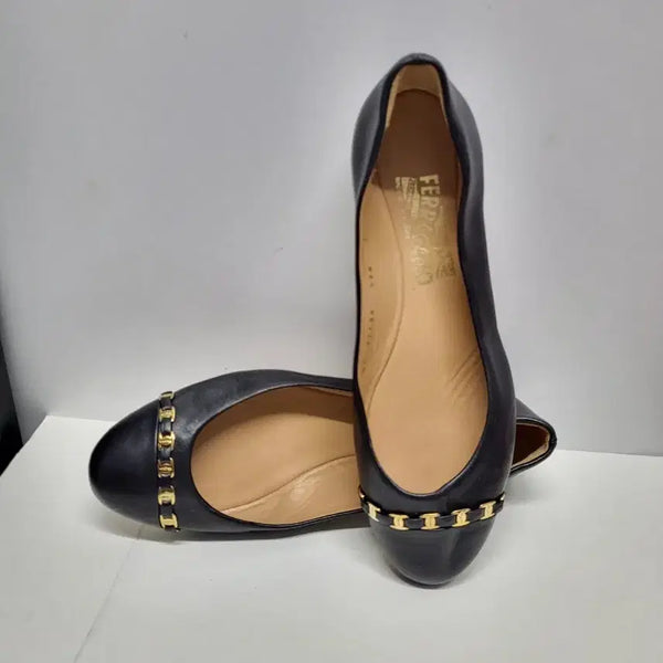 [BUNJANG] Salvatore Ferragamo Black Gold Chain Detail Ballet Flats / 페라가모 블랙 금장 체인 플랫슈즈(무료배송)