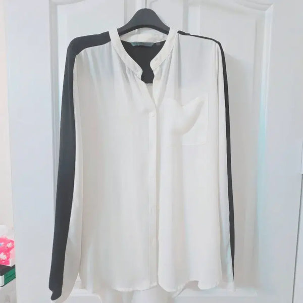 [BUNJANG] The Johnny's Love Ivory Black Color Block Blouse Shirt / 더조니러브 아이보리 블랩 배색 블라우스 셔츠