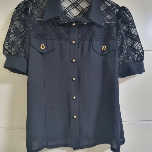 [BUNJANG] Black Lace Puff Sleeve Blouse / 블랙 레이스 퍼프 소매 블라우스