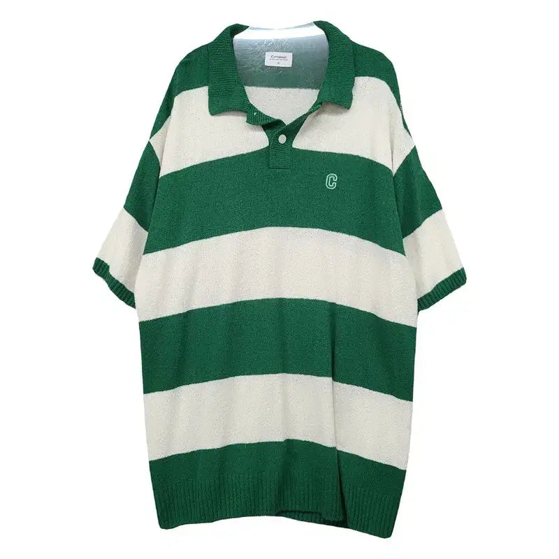 [BUNJANG] Covernat Stripe Green Logo Short Sleeve Polo T-Shirt XL / 커버낫 스트라이프 그린 로고 반팔 카라티 XL
