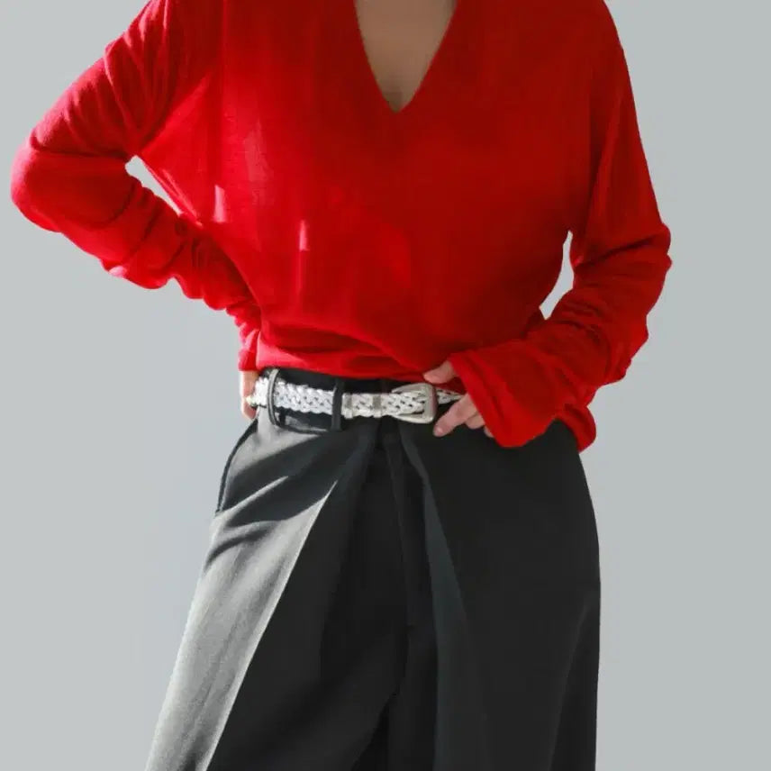 [BUNJANG] Paper Moon Wool Silk Deep V-Neck Knit (Grey, Red) / 페이퍼문 울 실크 딥브이넥 니트 그레이, 레드