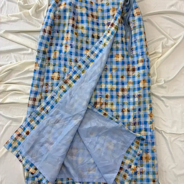 [BUNJANG] Blue Check Flower Point Long Wrap Skirt / 블루 체크 플라워 포인트 롱 랩 스커트