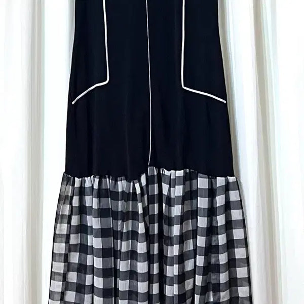 [BUNJANG] Black Check Sleeveless Knit Chiffon Dress / 블랙 체크 배색 나시 니트 쉬폰 원피스55-55반 상태 양호