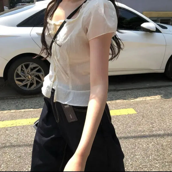 [BUNJANG] Trové Apricot Women's Sheer Summer Frill Short-Sleeve Blouse / 트로브 애프리콧 여성 쉬어 반팔 여름 프릴 블라우스