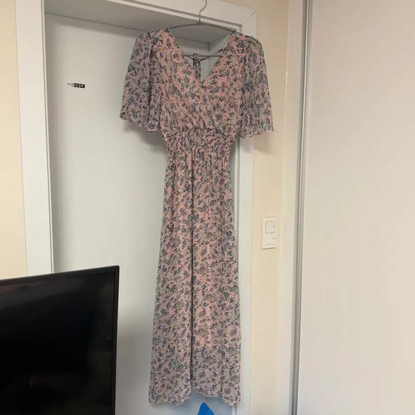 [BUNJANG] Flower Pattern V-Neck Shirring Long Dress - Pink / 플라워 패턴 브이넥 셔링 롱 원피스 핑크 의류재고 재고처리 의류처분 땡처리 옷장정리