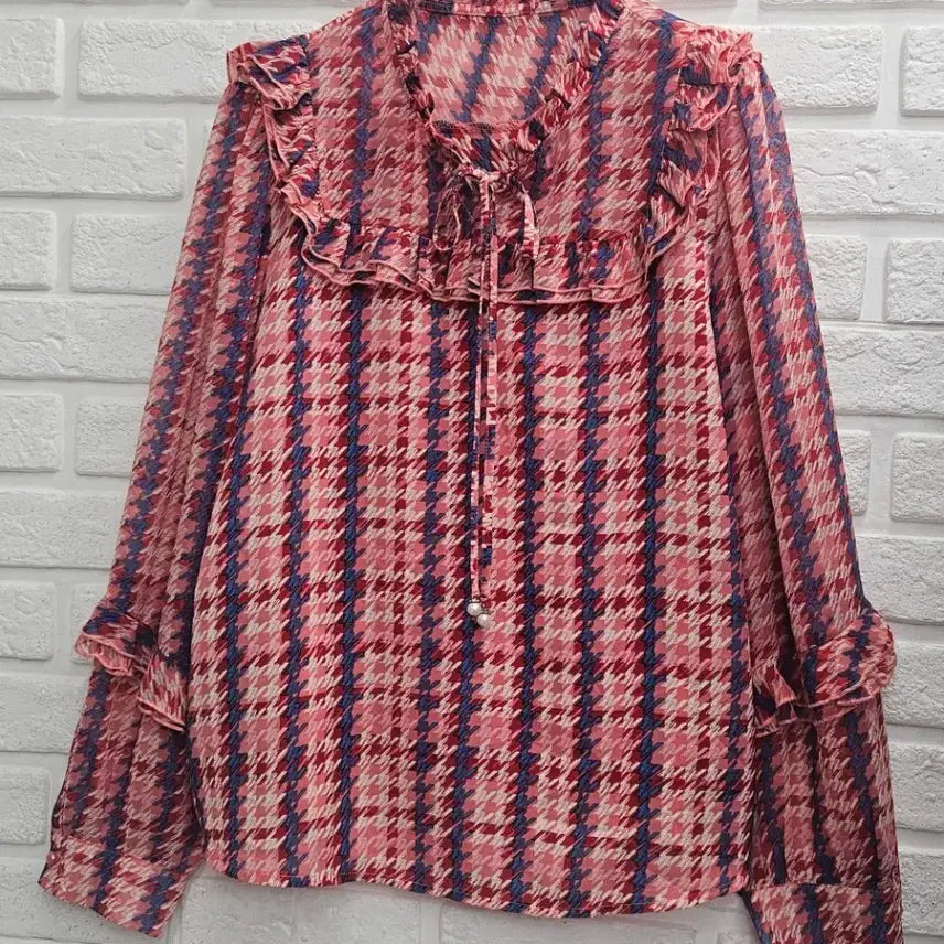 [BUNJANG] Houndstooth Check Frill Blouse (Size 77) / A4910  프릴 블라우스 77