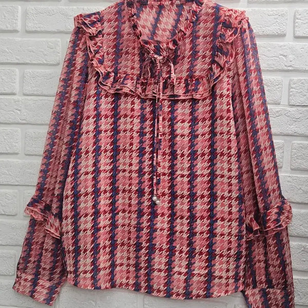 [BUNJANG] Houndstooth Check Frill Blouse (Size 77) / A4910  프릴 블라우스 77