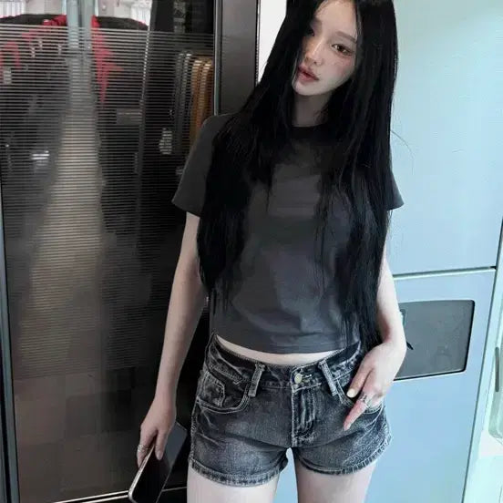 [BUNJANG] Hatsukoshi Tokyo Cropped Basic T-Shirt Charcoal Cotton / 하츠코시 도쿄 크롭 베이직 티 차콜 면티