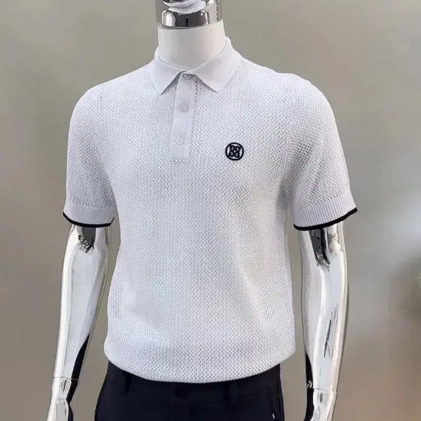 [BUNJANG] Men's Golf Knit Short Sleeve T-Shirt White & Black / 남성 골프 니트 반팔티 화이트&블랙