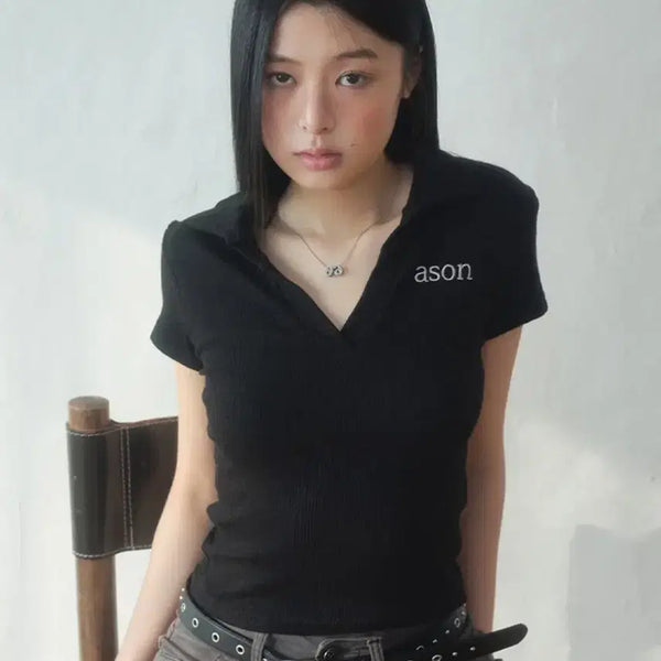 [BUNJANG] AZON Half Ivy Collar Tee Black / 애즈온 HALF IVY COLLAR TEE / BLACK