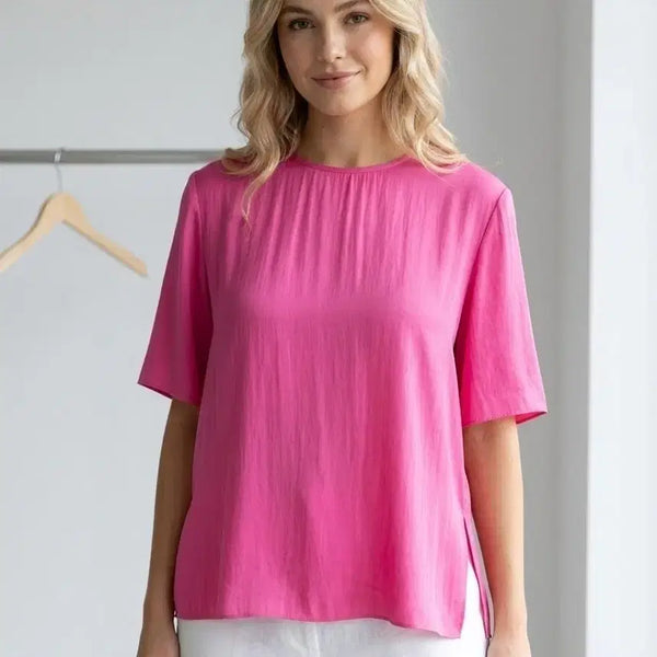[BUNJANG] STATEMENT Hot Pink Roundneck Drape Blouse / STATEMENT 스테이트먼트 핫핑크 라운드넥 블라우스 | S | 고급 드레이프 반팔